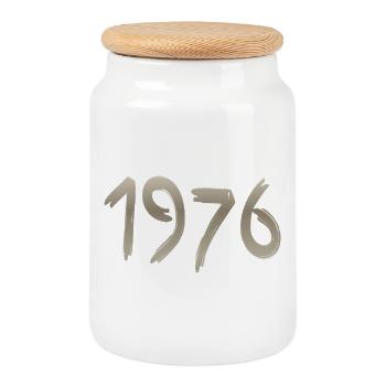 Jahr 1976 mit einem handgemachten Schlag - Keksdose mit Holzdeckel - Weiß - Vorne