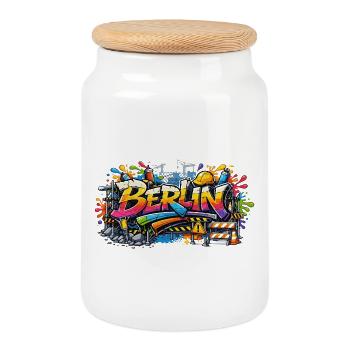 Berlin Graffiti Construction Site Style with Color Effects - Cookie Jar with Wooden Lid - white - Front