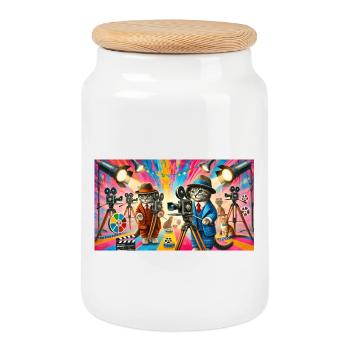 Colorful Cinema Cats on a Movie Set - Cookie Jar with Wooden Lid - white - Front
