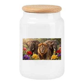 Lions and elephants in the field of flowers - Cookie Jar with Wooden Lid - white - Front