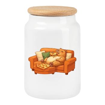 Capybara Sofa Pizza Relaxed Relax Motif - Cookie Jar with Wooden Lid - white - Front