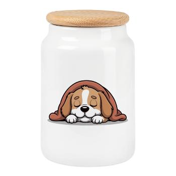 Schlafendes Beagle Kuscheltier - Keksdose mit Holzdeckel - Weiß - Vorne