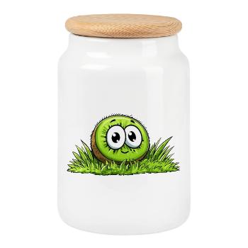 Happy kiwi in the grass - Cookie Jar with Wooden Lid - white - Front