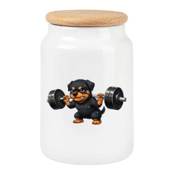 Rottweiler Weightlifting Barbell Training Workout - Cookie Jar with Wooden Lid - white - Front