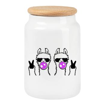 Two Llamas Bubblegum Sunglasses Peace Sign Cute - Cookie Jar with Wooden Lid - white - Front