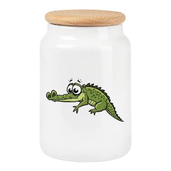 Crocodile with big eyes cartoon - Cookie Jar with Wooden Lid - white - Front