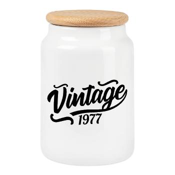 1977 Né en 1977, 56e anniversaire - Boîte à biscuits avec couvercle en bois - blanc - Devant