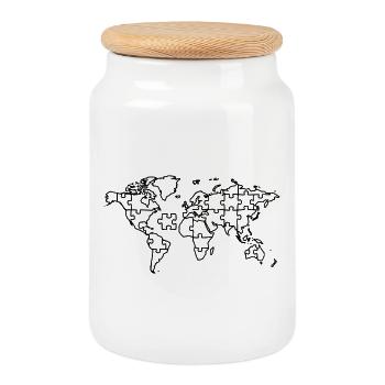 World Map Puzzle Earth Global - Cookie Jar with Wooden Lid - white - Front
