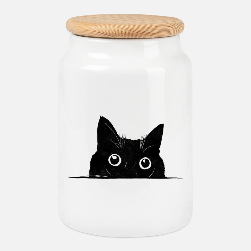 Guckende Katze schwarz - Keksdose mit Holzdeckel - Weiß
