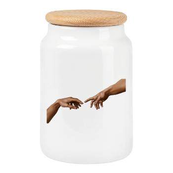 Six-Fingered "Creation of Adam" AI-Slop - Cookie Jar with Wooden Lid - white - Front