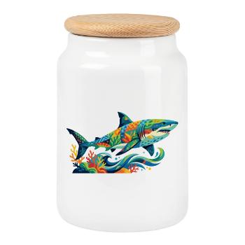 Colorful Underwater Colors Art Mosaic Shark Motif - Cookie Jar with Wooden Lid - white - Front