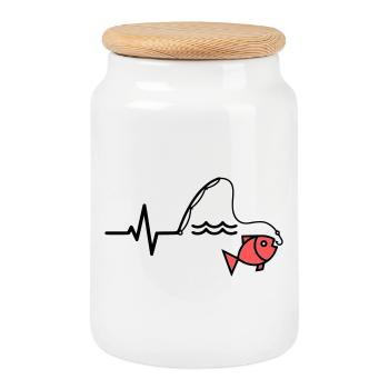 ECG Fishing Rod Fish Outline - Cookie Jar with Wooden Lid - white - Front