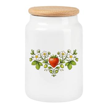 Ornement à la fraise avec des fleurs - Boîte à biscuits avec couvercle en bois - blanc - Devant
