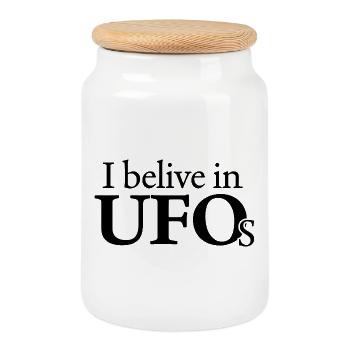 I Believe in UFOs Alien Funny Quote - Cookie Jar with Wooden Lid - white - Front