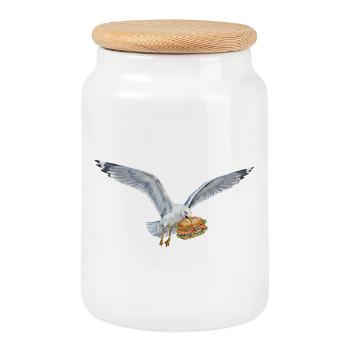 Funny Seagull Steals Fish Rolls Beach - Cookie Jar with Wooden Lid - white - Front