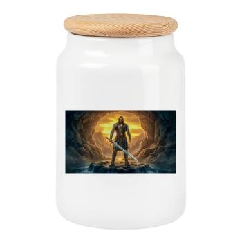 Beowulf fights the Monster with Ancient Sword myth - Cookie Jar with Wooden Lid - white - Front