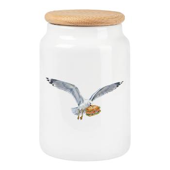 Funny Seagull Steals Fish Rolls Beach - Cookie Jar with Wooden Lid - white - Front