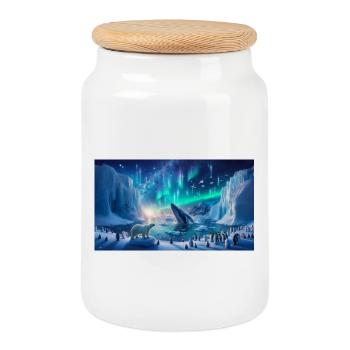 Polar Auroras and Whale - Cookie Jar with Wooden Lid - white - Front