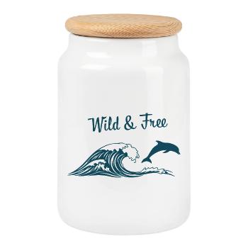 Wild & Free Ocean Wave Dolphin Surf Beach Vibes - Cookie Jar with Wooden Lid - white - Front