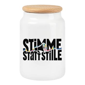 Stimme statt Stille Motiv für Protest und Demo - Keksdose mit Holzdeckel - Weiß - Vorne