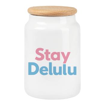 Stay Delulu Cute Motivational Typography - Keksdose mit Holzdeckel - Weiß - Vorne