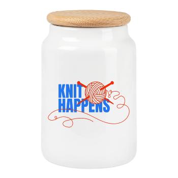 Knit Happens Logo Strickdesign - Keksdose mit Holzdeckel - Weiß - Vorne