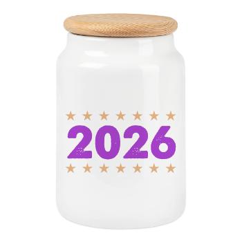 Year 2026 in purple with stars - Cookie Jar with Wooden Lid - white - Front