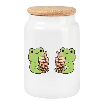 Kawaii Bubble T-Frogs – cute frog duo (minimal) - Cookie Jar with Wooden Lid - white - Front
