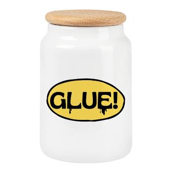 Colle ! Logo adhésif jaune - Boîte à biscuits avec couvercle en bois - blanc - Devant