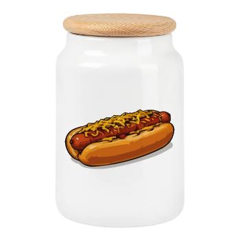 Cheese Covered Hot Dog Illustration - Cookie Jar with Wooden Lid - white - Front