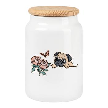 Pug with butterfly - Cookie Jar with Wooden Lid - white - Front