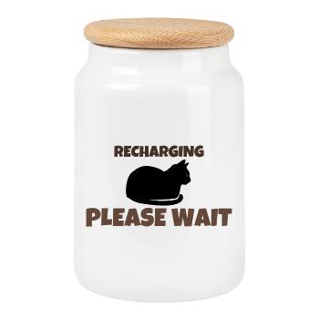 Recharging Please Wait Funny Introvert Black Cat - Cookie Jar with Wooden Lid - white - Front