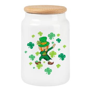 Dancing Leprechaun Dabbing Shamrocks Lucky Charm - Cookie Jar with Wooden Lid - white - Front