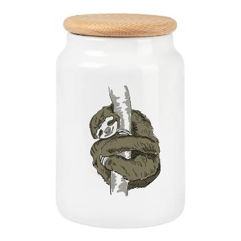 sloth nerd lazy slow chill hanging out tired nap - Cookie Jar with Wooden Lid - white - Front