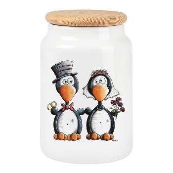 Penguin Wedding - Cookie Jar with Wooden Lid - white - Front