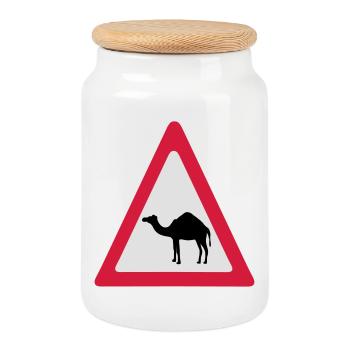Caution Camel Traffic Sign - Cookie Jar with Wooden Lid - white - Front
