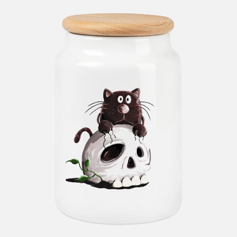 Schwarze Katze und Totenkopf Comic - Keksdose mit Holzdeckel - Weiß