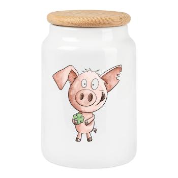 Le bonheur porc avec trèfle - Boîte à biscuits avec couvercle en bois - blanc - Devant