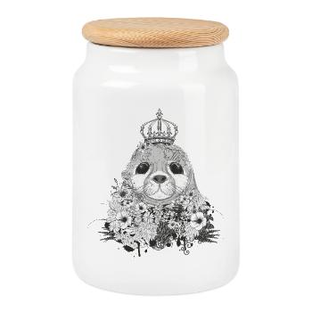small seal with a floral crown - Cookie Jar with Wooden Lid - white - Front