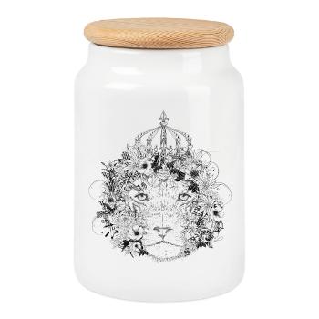 Lion décorée majestueusement avec fleurs &couronne - Boîte à biscuits avec couvercle en bois - blanc - Devant