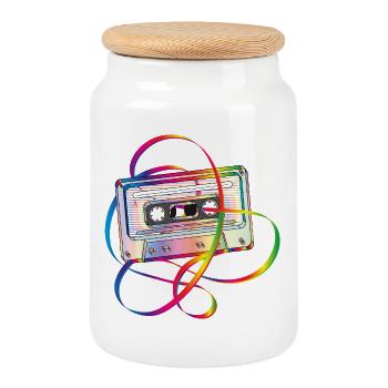 stylische 80er Jahre Musikkassette mit Bandsalat - Keksdose mit Holzdeckel - Weiß - Vorne
