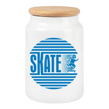 Patinage rétro rétro circulaire bleu - Boîte à biscuits avec couvercle en bois - blanc - Devant