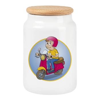 Le conducteur de scooter - Version1 - Boîte à biscuits avec couvercle en bois - blanc - Devant