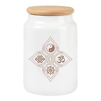 Yin Yang Steinrelief mit Om Dharmachakra Knoten - Keksdose mit Holzdeckel - Weiß - Vorne
