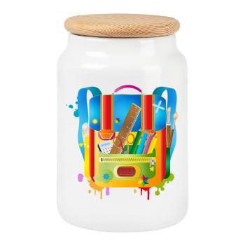 Cartables colorés avec accessoires scolaires - Boîte à biscuits avec couvercle en bois - blanc - Devant
