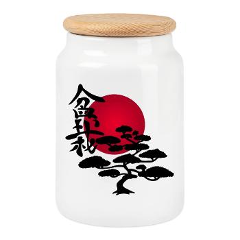 Black tree and red sun - Cookie Jar with Wooden Lid - white - Front