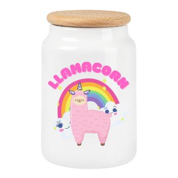 Skurriles rosa Lama mit Regenbogen - Keksdose mit Holzdeckel - Weiß - Vorne