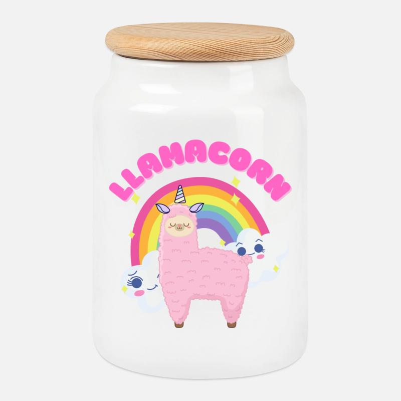 Whimsical Pink Llama with Rainbow - Cookie Jar with Wooden Lid - white