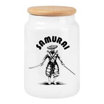 Samurai Drawing Sketch Symbol Illustration icon - Cookie Jar with Wooden Lid - white - Front