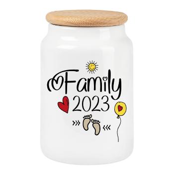 Famille heureuse 2023 - Boîte à biscuits avec couvercle en bois - blanc - Devant